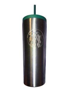 Starbucks Silver Stainless Steel Tumbler with Green Lid and Straw
